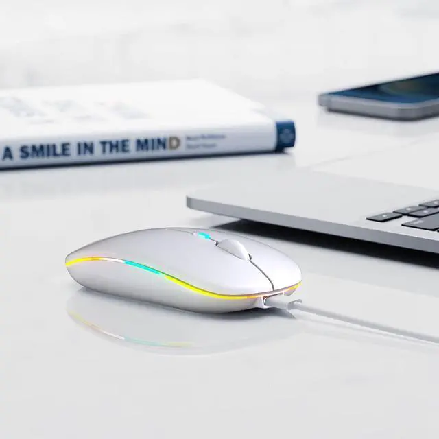 Alt view image 6 of 7 - Wireless Bluetooth Mouse, Rechargeable, LED, Silent, Ultra-thin Design (Bluetooth 5.2 and 2.4GHz USB Receiver) | Portable Computer Mouse for Laptops, iPads, MacBooks and Apple Devices (Black) White