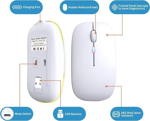 Alt view image 5 of 7 - Wireless Bluetooth Mouse, Rechargeable, LED, Silent, Ultra-thin Design (Bluetooth 5.2 and 2.4GHz USB Receiver) | Portable Computer Mouse for Laptops, iPads, MacBooks and Apple Devices (Black) White