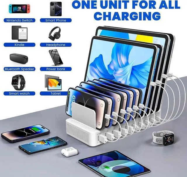 Alt view image 5 of 7 - Charging Station for Multiple Devices, 100W 10 Ports Charging Dock with 10 Cables Smart IC Tech and Adjustable Dividers Type-C,Multi USB Charger for iPhone Galaxy iPad Tablet,White