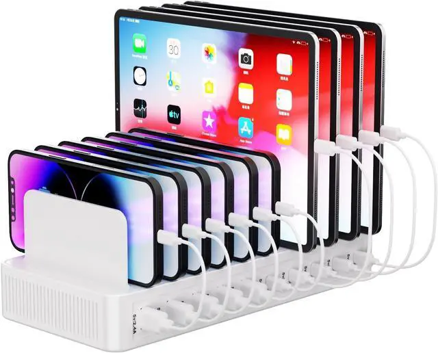 Main image of Charging Station for Multiple Devices, 100W 10 Ports Charging Dock with 10 Cables Smart IC Tech and Adjustable Dividers Type-C,Multi USB Charger for iPhone Galaxy iPad Tablet,White
