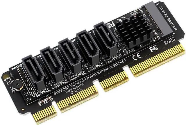 Alt view image 7 of 7 - PH56+1U PCIE3.0 M.2 M Key X4 X8 X16 to 5Ports SATA III Expansion Card 6Gbps with LED Indicator Compatible with JMB585 Support 1U Chassis