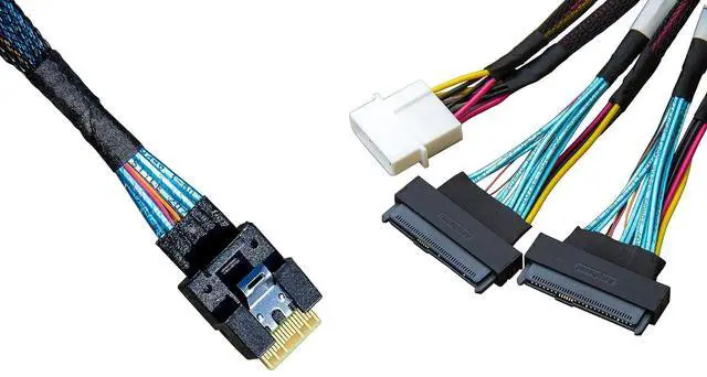 Main image of SlimSAS 8X to 2*U.2 NVMe Adapter, SFF-8654 74pin to 2*SFF-8639 68pin Cable with Power, 75CM(Broadcom MPN 05-60005-00,CBL-SAST-0953)