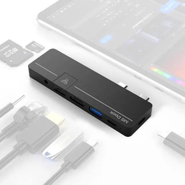 Alt view image 5 of 7 - Surface Pro 11/10/9 Hub Docking Station with 4K HDMI, Type C (8K Video+5Gbps+100W PD), 100M Ethernet, USB 3.0, 3.5mm Audio, SD/TF Card Slot - USB C Hub Adapter for Surface Pro 11/Pro 10/Pro 9