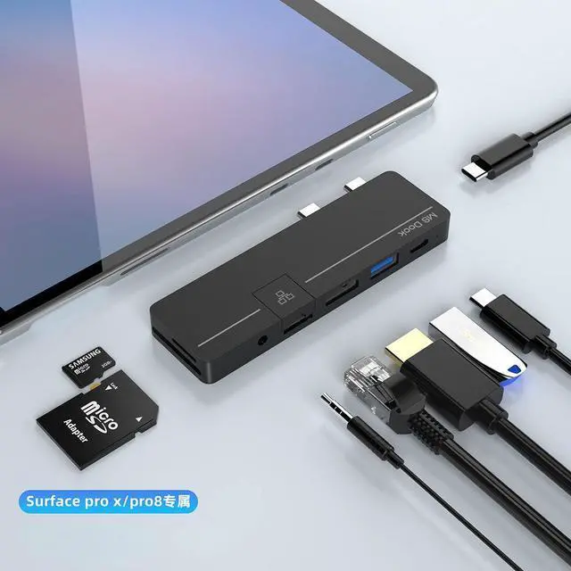 Main image of Surface Pro 11/10/9 Hub Docking Station with 4K HDMI, Type C (8K Video+5Gbps+100W PD), 100M Ethernet, USB 3.0, 3.5mm Audio, SD/TF Card Slot - USB C Hub Adapter for Surface Pro 11/Pro 10/Pro 9