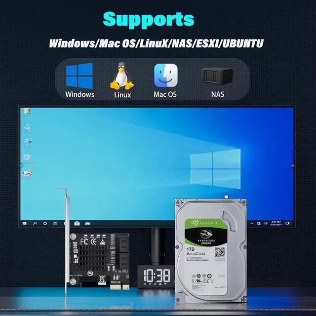 Alt view image 6 of 7 - 4-Port SATA Expansion Card (PCIe x1 to 6Gbps SATA Card), Supports OS Boot, Compatible with Windows/Mac/Linux/NAS