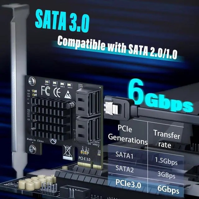 Alt view image 2 of 7 - 4-Port SATA Expansion Card (PCIe x1 to 6Gbps SATA Card), Supports OS Boot, Compatible with Windows/Mac/Linux/NAS