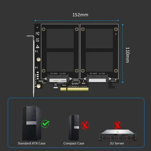 Alt view image 2 of 7 - Dual U.2 to PCIe 4.0 X8 Adapter Without PCIe Bifurcation, Setup Soft U.2 SSD RAID via OS Tool, (PCIe Bifurcation Motherboard is Required)