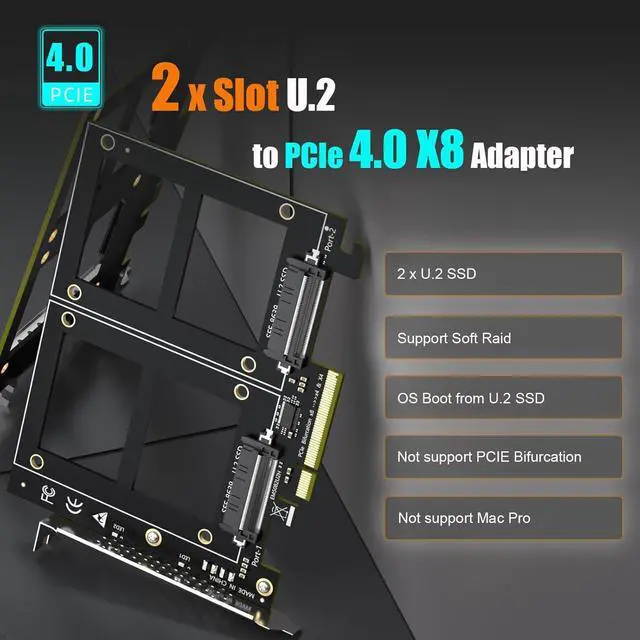 Alt view image 7 of 7 - Dual U.2 to PCIe 4.0 X8 Adapter Without PCIe Bifurcation, Setup Soft U.2 SSD RAID via OS Tool, (PCIe Bifurcation Motherboard is Required)