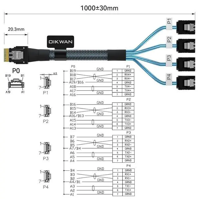 Alt view image 2 of 7 - SlimSAS 4i SFF-8654 38pin Host to 4SATA 7PinTarget HD Server Data Transmission Cable,1m(3.3ft)