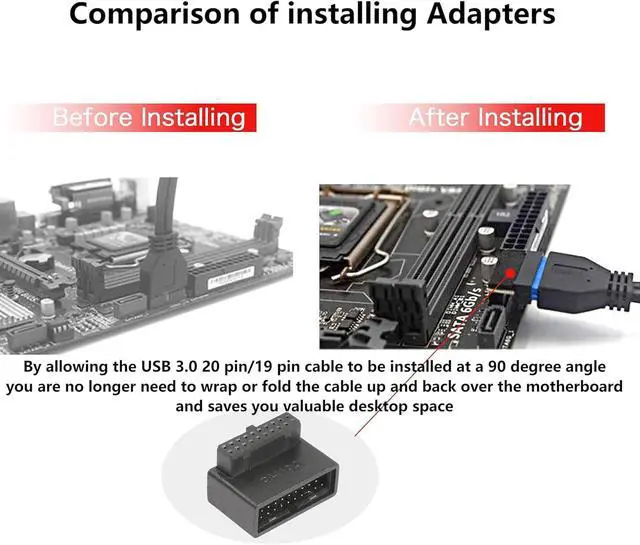 Alt view image 4 of 7 - 90 Degree USB 3.0 Motherboard Adapter 19 Pin/20 Pin | Male to Female L Turn Right Angle Socket Extension Coupler for Desktop Motherboard Up Angle PH19A