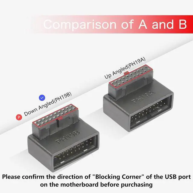 Alt view image 5 of 7 - 90 Degree USB 3.0 Motherboard Adapter 19 Pin/20 Pin | Male to Female L Turn Right Angle Socket Extension Coupler for Desktop Motherboard Down Angle PH19B