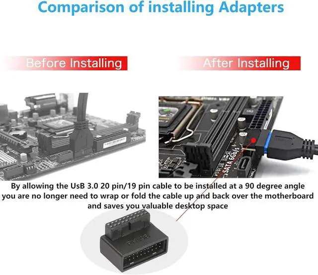 Alt view image 2 of 7 - 90 Degree USB 3.0 Motherboard Adapter 19 Pin/20 Pin | Male to Female L Turn Right Angle Socket Extension Coupler for Desktop Motherboard Down Angle PH19B