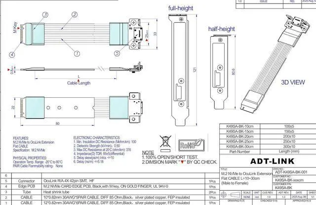 Alt view image 5 of 6 - PCIe 5.0 x4 M.2 NVMe to OCuLink SFF-8612 Extension Flat Cable, with Full-Height and Half-Height Brackets (K49SQ-BK-03, 20cm)