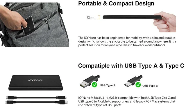 Alt view image 2 of 4 - M.2 NVMe to USB 3.2 Gen 2 (10Gbps) Enclosure Adapter Thunderbolt 3 / 4 Port Compatible Includes USB-C / 3.0 Cables (Supports M.2 NVMe SSDs 22110 2280 2260 2242) | ICYNano MB861U31-1M2B