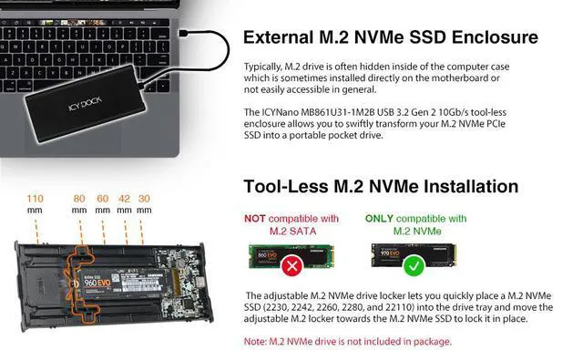 Alt view image 4 of 4 - M.2 NVMe to USB 3.2 Gen 2 (10Gbps) Enclosure Adapter Thunderbolt 3 / 4 Port Compatible Includes USB-C / 3.0 Cables (Supports M.2 NVMe SSDs 22110 2280 2260 2242) | ICYNano MB861U31-1M2B