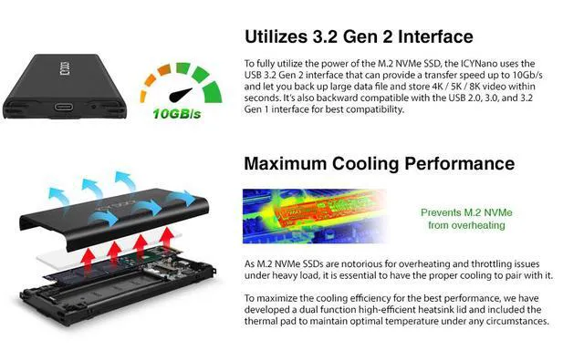 Alt view image 3 of 4 - M.2 NVMe to USB 3.2 Gen 2 (10Gbps) Enclosure Adapter Thunderbolt 3 / 4 Port Compatible Includes USB-C / 3.0 Cables (Supports M.2 NVMe SSDs 22110 2280 2260 2242) | ICYNano MB861U31-1M2B