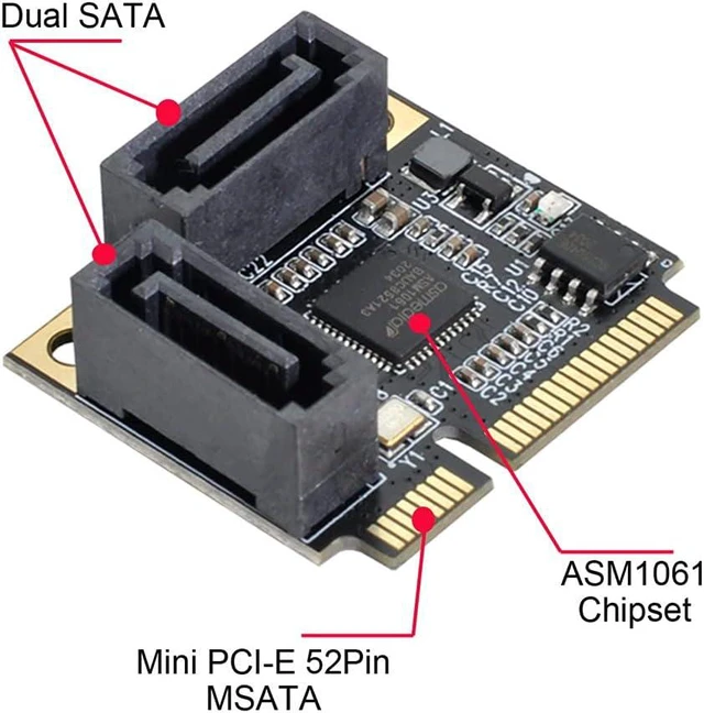 Alt view image 3 of 7 - Mini PCI-E PCI Express to SATA 3.0 Dual Ports Adapter Converter Hard Drive Extension Card