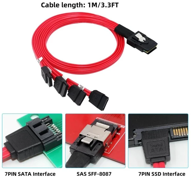 Alt view image 7 of 7 - 1M Mini SAS 4i SFF-8087 36P to 4 SATA 7P HDD Hard Drive Splitter Cable Red,3.3FT