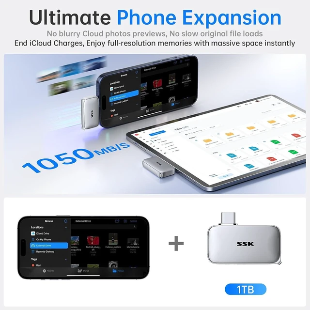 Alt view image 4 of 7 - USB-C Drive 512GB Portable SSD External Solid State Drive Up to 1050MB/sTLC Flash Sustained High Speed Write, 4KHDR ProRes for iphone, IP65 Water/Dust Protect, 2M Drop Protect, SMART TRIM, LED, OTG