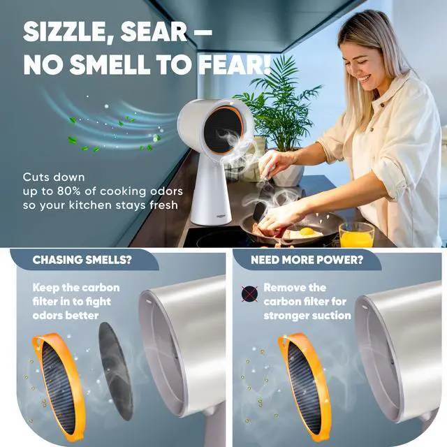 Alt view image 4 of 7 - BREETEE Portable Range Hood Kitchen - Powerful 3-Speed Suction, Countertop Compact Ductless, 2x Core Filters, 2x Carbon Filters, Low Noise Kitchen Exhaust Fan, Oil Collection Cup,  [Off-white]