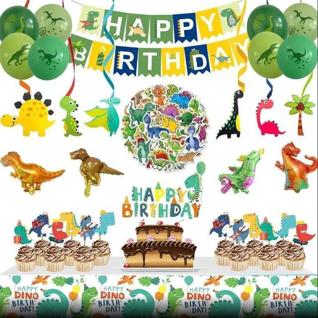 Main image of Dinosaur Birthday Party Decorations, Dinosaurs World Birthday Party Tableware Set, Table Covers, Cake Toppers, Balloons, Banners, Swirls for Kids