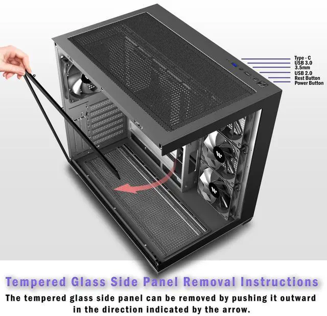 Alt view image 2 of 7 - ANSAITE PC CASE ATX 4 Fans Pre-Installed, Type-C Mid Tower Computer Case with Full-View Dual Tempered Glass, Gaming PC Case,Black,K4