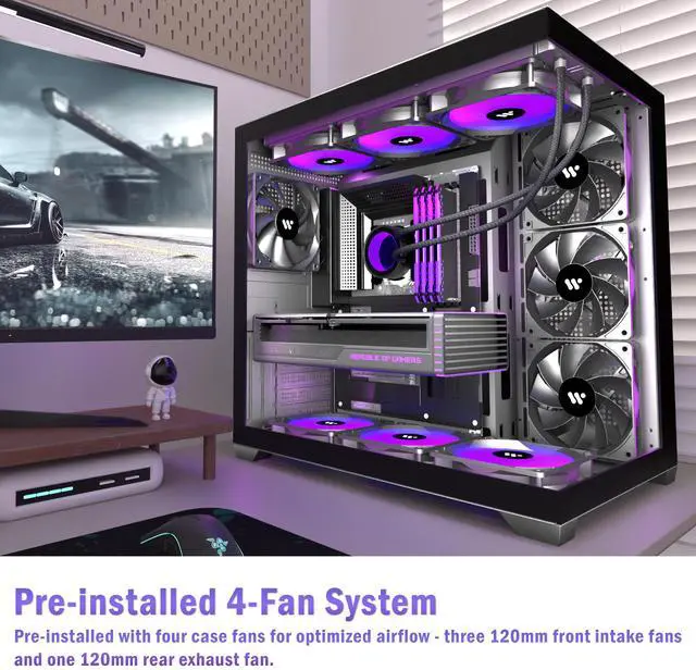 Alt view image 3 of 7 - ANSAITE PC CASE ATX 4 Fans Pre-Installed, Type-C Mid Tower Computer Case with Full-View Dual Tempered Glass, Gaming PC Case,Black,K4