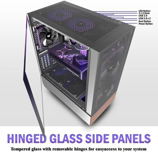 Alt view image 3 of 7 - ANSAITE PC CASE ATX 3 Case Fans Pre-Installed, Mid Tower Computer Case with Tempered Glass, Printed Walnut Wood Panels,Support 360mm Radiator,Black Gaming Desktop Case (H3)