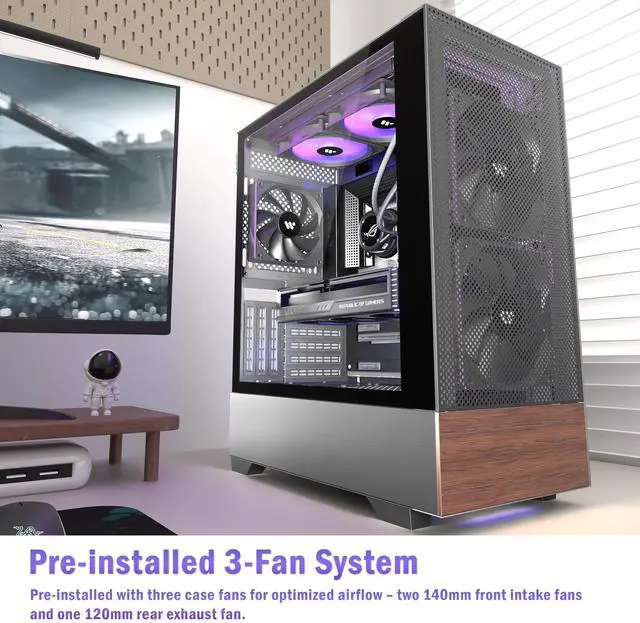 Alt view image 2 of 7 - ANSAITE PC CASE ATX 3 Case Fans Pre-Installed, Mid Tower Computer Case with Tempered Glass, Printed Walnut Wood Panels,Support 360mm Radiator,Black Gaming Desktop Case (H3)