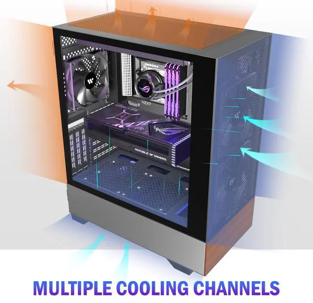 Alt view image 4 of 7 - ANSAITE PC CASE ATX 3 Case Fans Pre-Installed, Mid Tower Computer Case with Tempered Glass, Printed Walnut Wood Panels,Support 360mm Radiator,Black Gaming Desktop Case (H3)