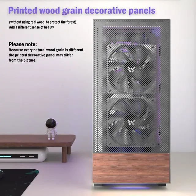 Alt view image 7 of 7 - ANSAITE PC CASE ATX 3 Case Fans Pre-Installed, Mid Tower Computer Case with Tempered Glass, Printed Walnut Wood Panels,Support 360mm Radiator,Black Gaming Desktop Case (H3)