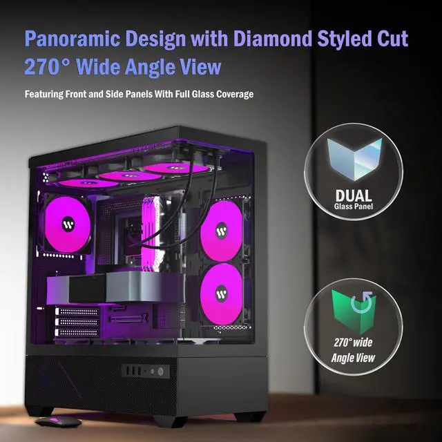 Alt view image 6 of 7 - ANSAITE ATX PC Case Pre-Installed 5 × 120mm PWM ARGB Fan, Mid Tower Computer case with Panoramic View Tempered Glass Front & Side Panel, Gaming PC Case, G7