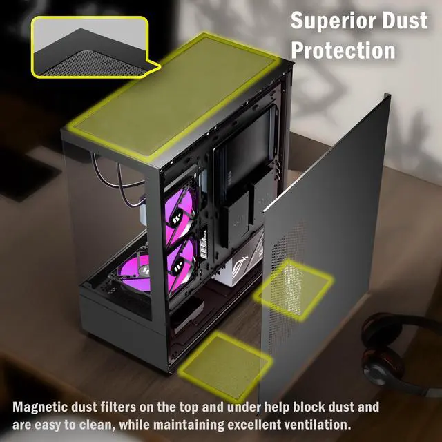 Alt view image 2 of 7 - ANSAITE ATX PC Case Pre-Installed 5 × 120mm PWM ARGB Fan, Mid Tower Computer case with Panoramic View Tempered Glass Front & Side Panel, Gaming PC Case, G7