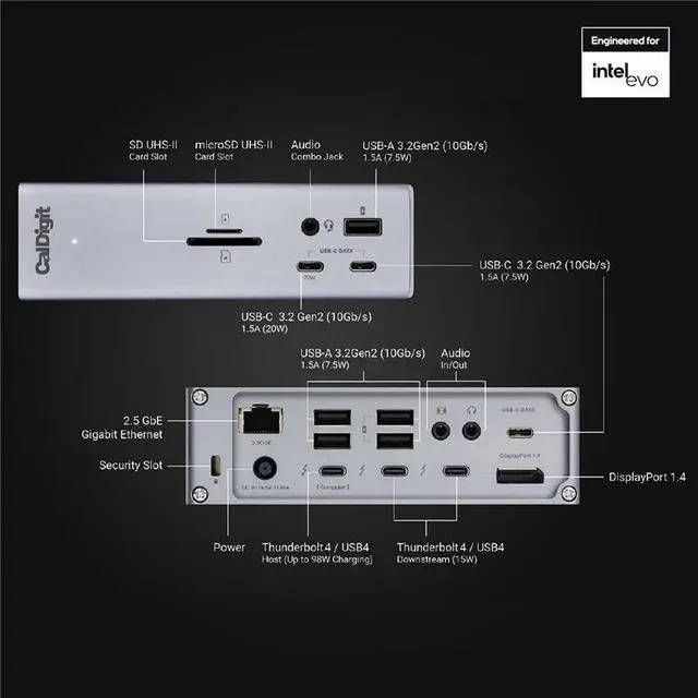 Alt view image 5 of 10 - caldigit ts4 thunderbolt 4 dock - 18 ports, 98w charging, 3x thunderbolt 4 40gb/s, 5 x usb-a, 3 x usb-c (10gb/s), 2.5gbe, single 8k or dual 6k 60hz displays, mac, pc, chrome compatible with 0.8m cable