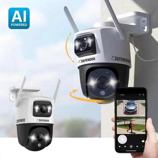 Alt view image 2 of 7 - Defender AI POWERED Guard Pro 3K PLUS Dual Lens PTZ Wi-Fi 6 Plug-in Security Camera