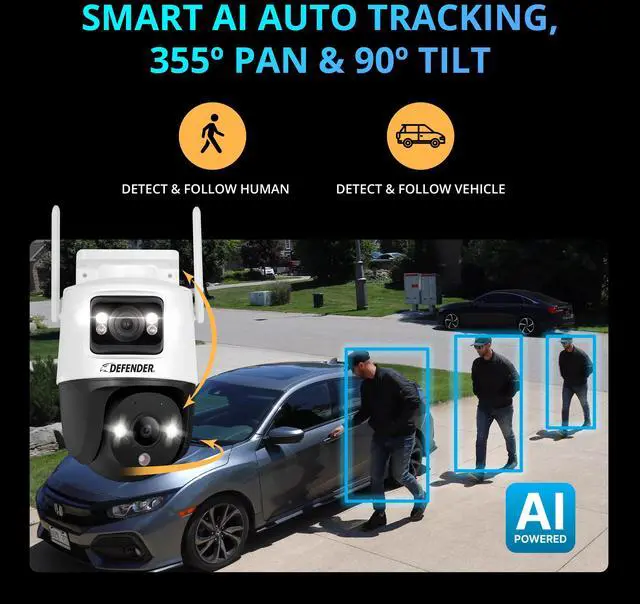 Alt view image 3 of 7 - Defender AI POWERED Guard Pro 3K PLUS Dual Lens PTZ Wi-Fi 6 Plug-in Security Camera - 2 Pack