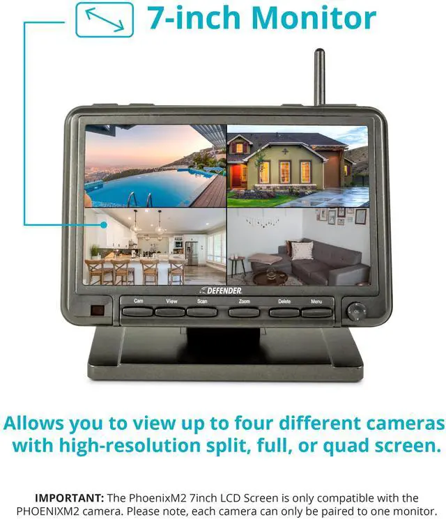 Alt view image 5 of 6 - Defender PHOENIXM2 Non-WiFi Plug-in Power Security Cameras with 7 Inch LCD Display Monitor, 4 Cameras with 32GB SD