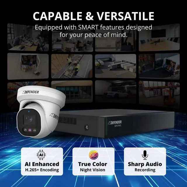 Alt view image 5 of 7 - Defender AI POWERED Sentinel Pro Turret 4K Wired 8CH NVR PoE Security System, 4 Metal Cameras & 1TB HDD