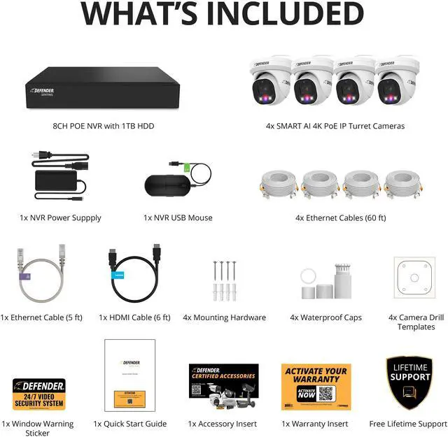 Alt view image 7 of 7 - Defender AI POWERED Sentinel Pro Turret 4K Wired 8CH NVR PoE Security System, 4 Metal Cameras & 1TB HDD