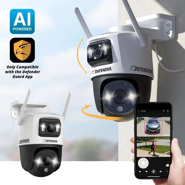 Alt view image 2 of 7 - Defender AI POWERED Guard Pro 3K PLUS Dual Lens PTZ Wi-Fi 6 Plug-in Security Camera
