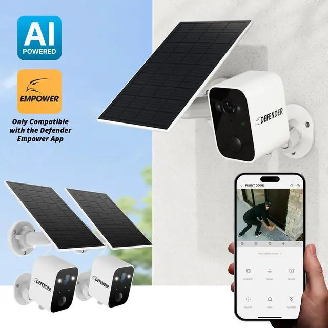 Alt view image 2 of 7 - Defender SOLAR POWERED 4K AI Everwatch Wireless Battery Security Camera with 3W Solar Panel, AI Detection, Color Night Vision, No Monthly Fees - 2 Pack