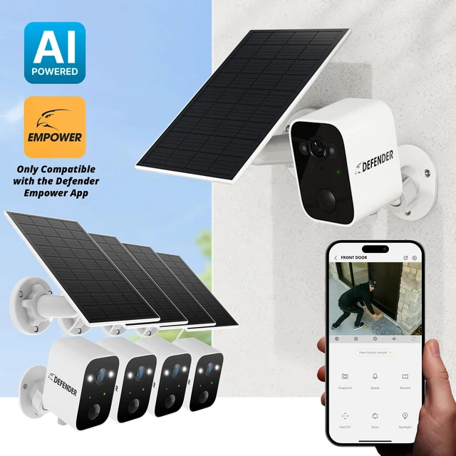Alt view image 2 of 7 - Defender SOLAR POWERED 4K AI Everwatch Wireless Battery Security Camera with 3W Solar Panel, AI Detection, Color Night Vision, No Monthly Fees - 4 Pack