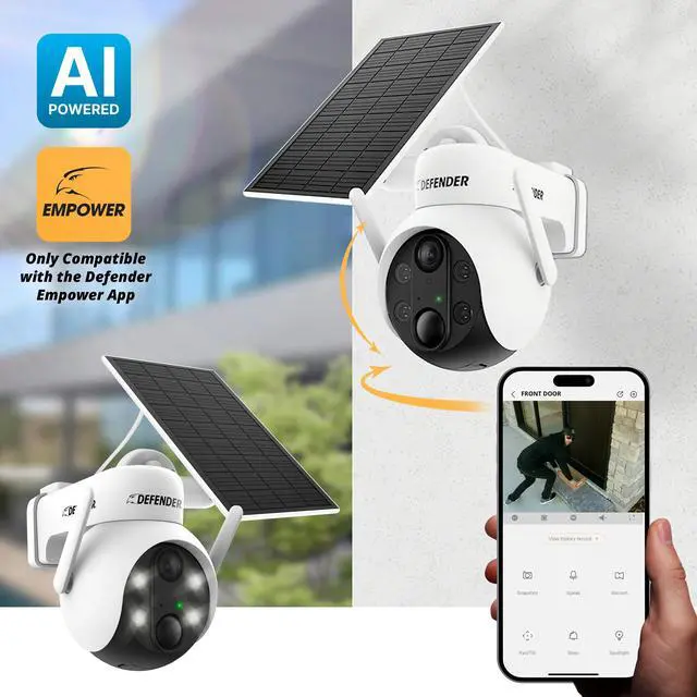Alt view image 2 of 7 - Defender SOLAR POWERED 4K AI Everwatch PTZ Wireless Battery Security Camera with 3W Solar Panel, AI Detection, Color Night Vision, No Monthly Fees