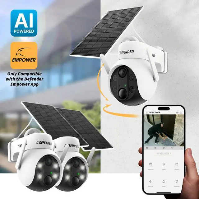 Alt view image 2 of 7 - Defender SOLAR POWERED 4K AI Everwatch PTZ Wireless Battery Security Camera with 3W Solar Panel, AI Detection, Color Night Vision, No Monthly Fees - 2 Pack