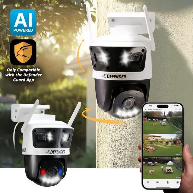 Alt view image 2 of 7 - Defender AI POWERED 3K+ Guard WIFI Tri-Lens PTZ Plug-in Security Camera, 3-in-1 Technology, 360° Tracking, 8X Zoom, Human/Vehicle AI Detection, Mobile App