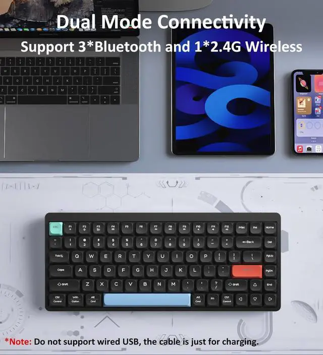 Alt view image 2 of 7 - LINKEET Wireless Mechanical Keyboard 2.4G/Bluetooth, Ultra-Slim Low Profile Silent Mechanical Red Switch, 75% Compact 84 Keys TKL Gaming Keyboard with Ergonomic Magnetic Feet for Multi Device, White