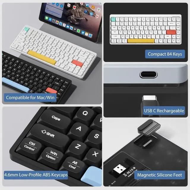 Alt view image 6 of 7 - LINKEET Wireless Mechanical Keyboard 2.4G/Bluetooth, Ultra-Slim Low Profile Silent Mechanical Red Switch, 75% Compact 84 Keys TKL Gaming Keyboard with Ergonomic Magnetic Feet for Multi Device, White