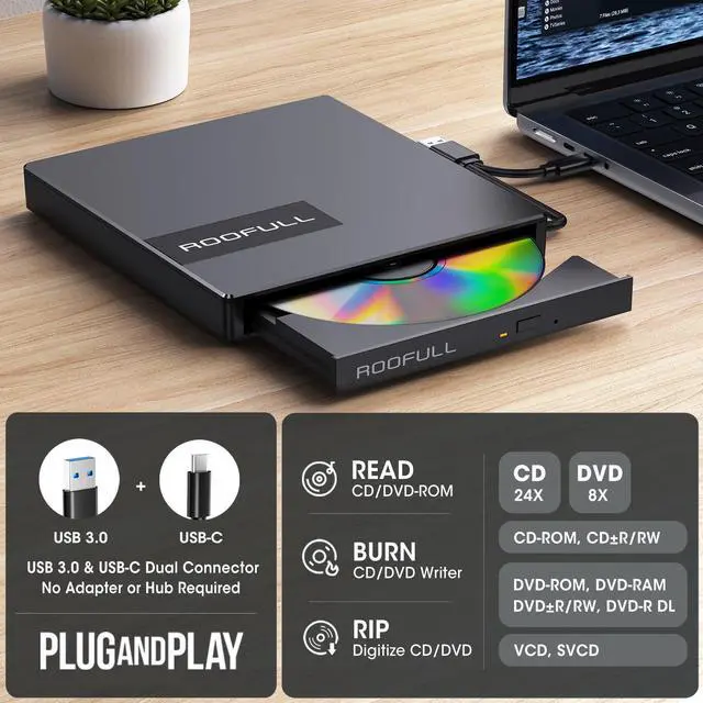 Alt view image 3 of 5 - ROOFULL External CD DVD Drive for Laptop 8-in-1 USB 3.0 & USB-C DVD Player CD-ROM/RW Disc Reader Writer Burner with Carrying Case & SD Card Slots + USB Ports for Mac PC MacBook Windows 11/10 Computer