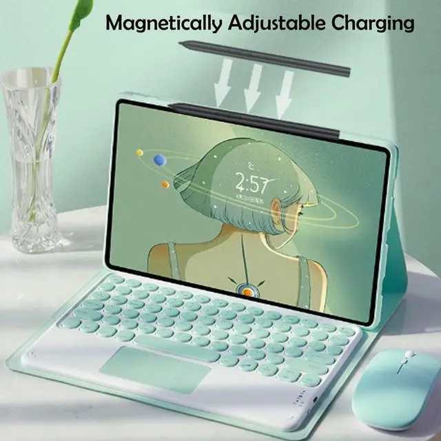 Alt view image 3 of 5 - QYiiD Touchpad Keyboard Case for Xiaomi Pad 5 / Pad 5 Pro 11.0 inch 2021, Folio Keyboard Case Cover with Cute Round Key Wireless Detachable TouchPad Keyboard & Mouse, Green