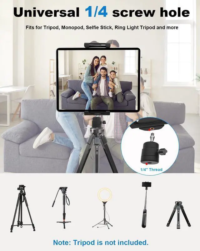 Alt view image 2 of 5 - Universal Tablet Tripod Mount Adapter for iPad with 360° Rotatable Ball Head &1/4" Screw Thread, Adjustable Clamp for 6-15.6" Phones & Tablets, Suitable for Streaming, Video Calls & Photography